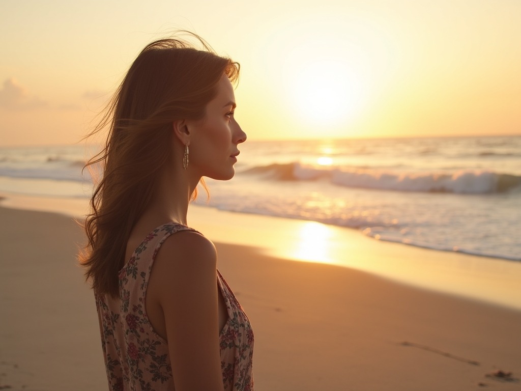 A woman in 40s, viewed from the side, standing far away on a wide, sandy beach at sunset. The ocean stretches out behind her, waves gently lapping the shore. Realistic photo style, natural lighting, neutral facial expression, focus on her solitary figure against the vastness of the beach and sea.