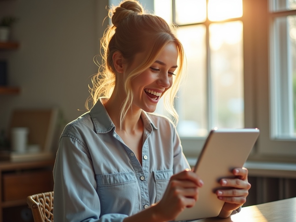 A woman looking at iPad, look excited Background: A peaceful small office Colors: Soft, natural tones – earth colors, gentle blues, and warm golden light. Mood: Peaceful, hopeful, clear, inviting, serene, guiding.
